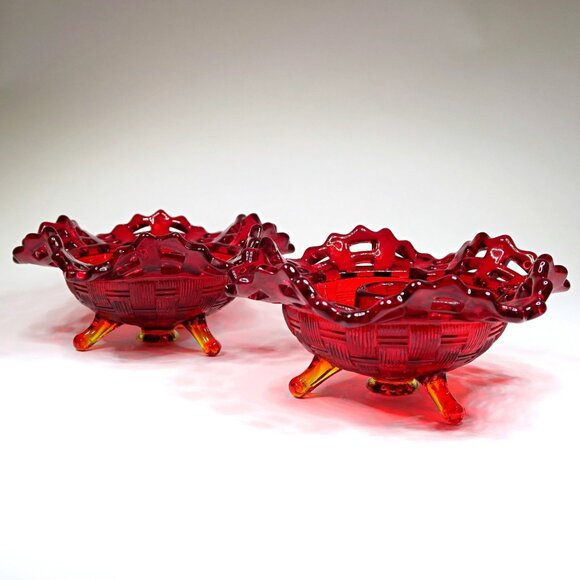 Fenton Red Amberina Basketweave Open Edge Candlestick (Set of 2) 1930s Glass - Picture 2 of 6